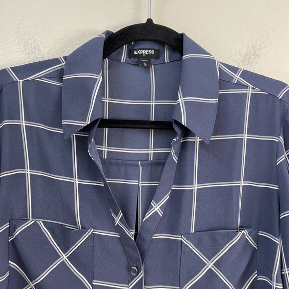 Express Womens Large Blue White Plaid Button Up Roll Tab Sleeve Shirt Blouse - Picture 2 of 8
